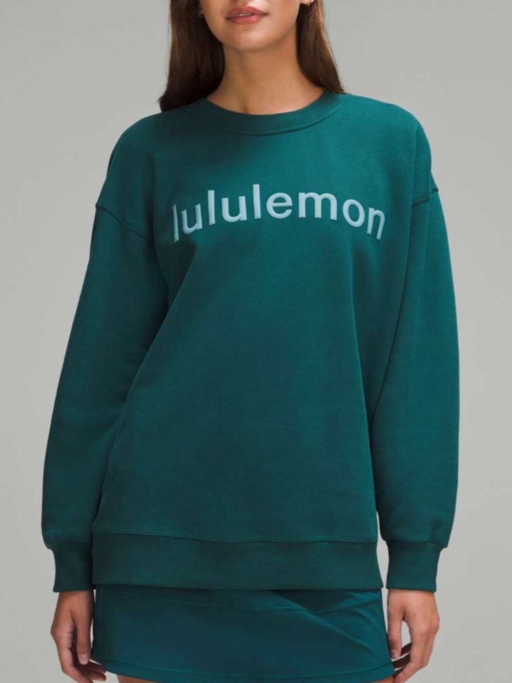 Lululemon Perfectly Oversized Crew Fleece Storm Teal Sweatshirt Puff Spellout-8